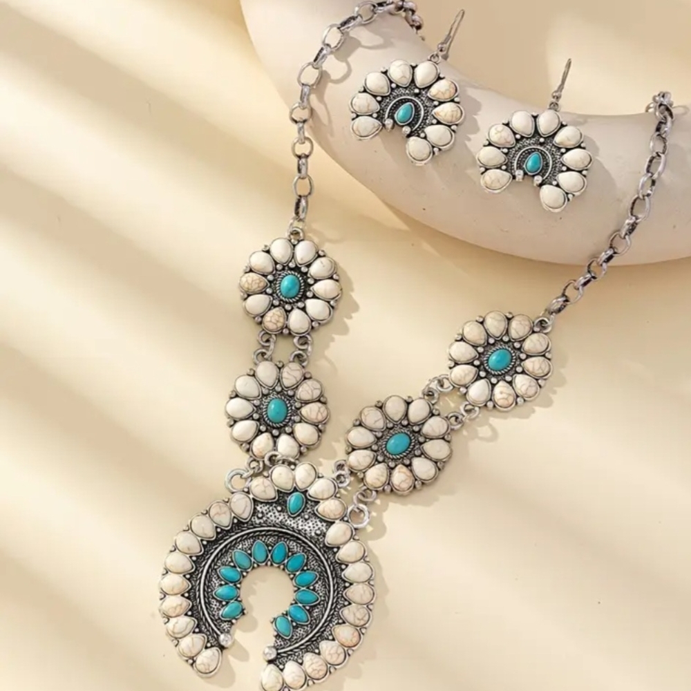 Silver Turquoise Blue Floral Necklace Squash Blossom Set